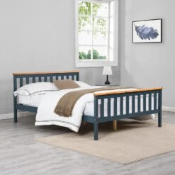 Marta Solid Wooden Shaker Style Double Bed In Blue And Oak