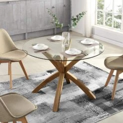 Lugano 110cm Round Glass Top Solid Oak Legs Dining Table -Entreprise Cc Shop 9184Lf2y6YL. SL1500