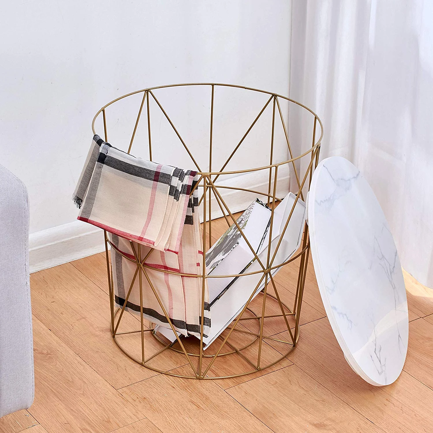 Cherry Tree Furniture KORAM Marble Effect Top Basket Side Table Golden Geometric Wire Frame End Table 4 Cherry Tree Furniture KORAM Marble Effect Top Basket Side Table Golden Geometric Wire Frame End Table - Image 2