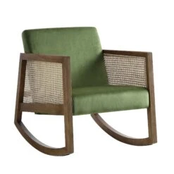 Fyne Moss Green Velvet Rocking Armchair With Rattan Armrests -Entreprise Cc Shop ACH 40 GREEN WALN WB1