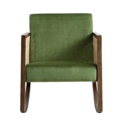 Fyne Moss Green Velvet Rocking Armchair With Rattan Armrests -Entreprise Cc Shop ACH 40 GREEN WALN WB2