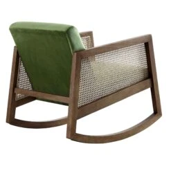 Fyne Moss Green Velvet Rocking Armchair With Rattan Armrests -Entreprise Cc Shop ACH 40 GREEN WALN WB4