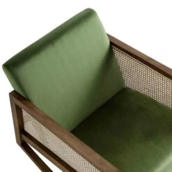 Fyne Moss Green Velvet Rocking Armchair With Rattan Armrests -Entreprise Cc Shop ACH 40 GREEN WALN detail1