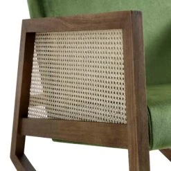 Fyne Moss Green Velvet Rocking Armchair With Rattan Armrests -Entreprise Cc Shop ACH 40 GREEN WALN detail2