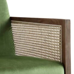 Fyne Moss Green Velvet Rocking Armchair With Rattan Armrests -Entreprise Cc Shop ACH 40 GREEN WALN detail3