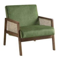 Fyne Moss Green Velvet Walnut Frame Rattan Armchair -Entreprise Cc Shop ACH 608 GREENVEL WALN WB1