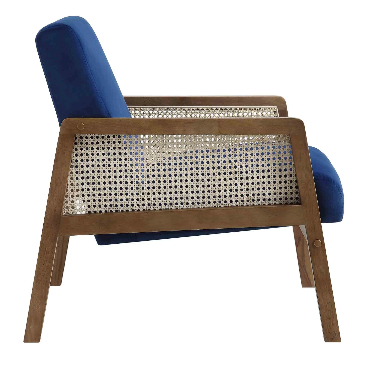 Fyne Navy Blue Velvet Walnut Frame Rattan Armchair 8 Fyne Navy Blue Velvet Walnut Frame Rattan Armchair - Image 6