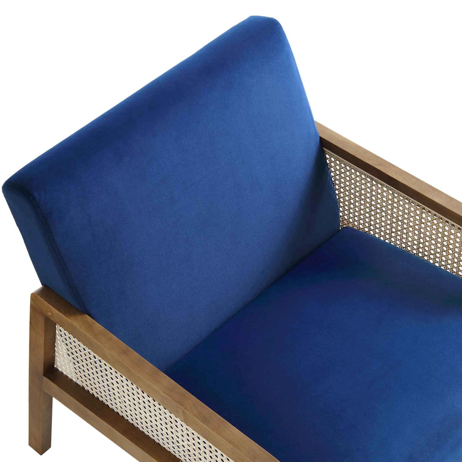 Fyne Navy Blue Velvet Walnut Frame Rattan Armchair 11 Fyne Navy Blue Velvet Walnut Frame Rattan Armchair - Image 9