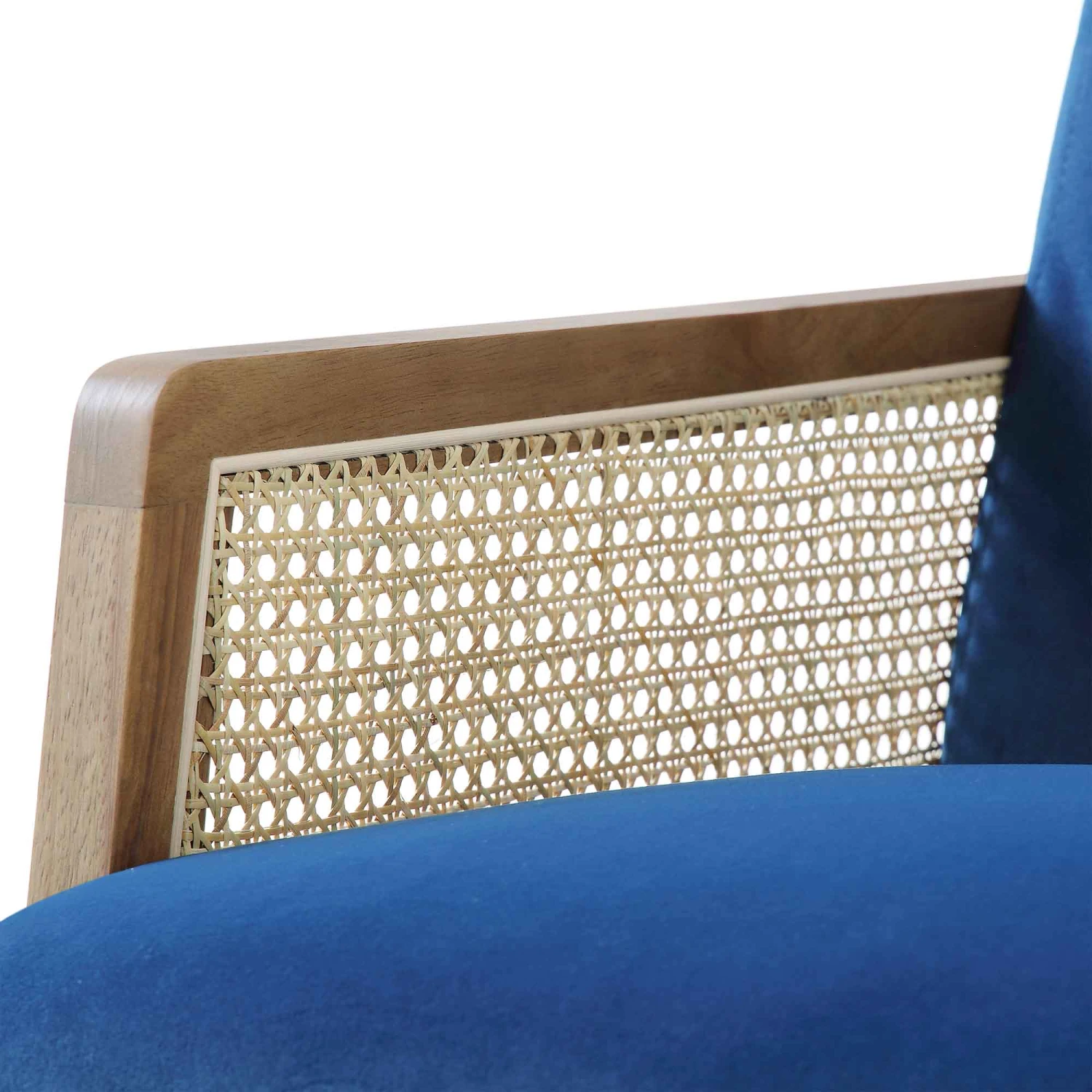 Fyne Navy Blue Velvet Walnut Frame Rattan Armchair 12 Fyne Navy Blue Velvet Walnut Frame Rattan Armchair - Image 10