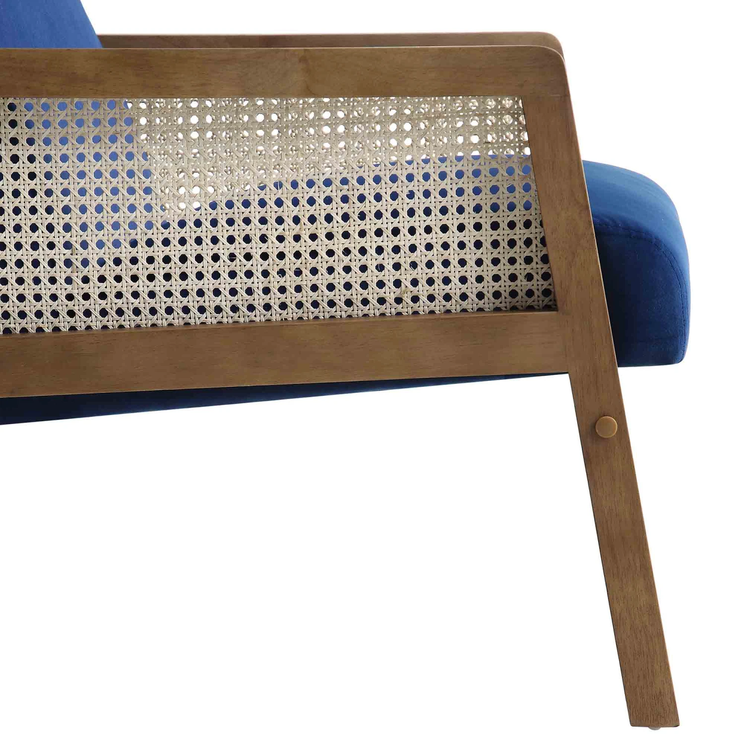 Fyne Navy Blue Velvet Walnut Frame Rattan Armchair 14 Fyne Navy Blue Velvet Walnut Frame Rattan Armchair - Image 12