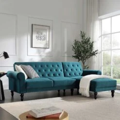 Hanney Chesterfield Chaise Sofabed In Teal Velvet