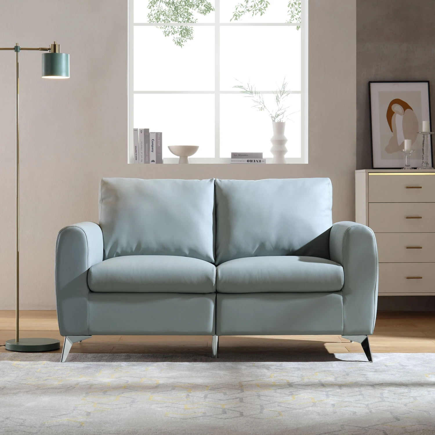 Noak 2-Seater Grey Faux Leather Sofa With Chrome Legs 3 Noak 2-Seater Grey Faux Leather Sofa With Chrome Legs