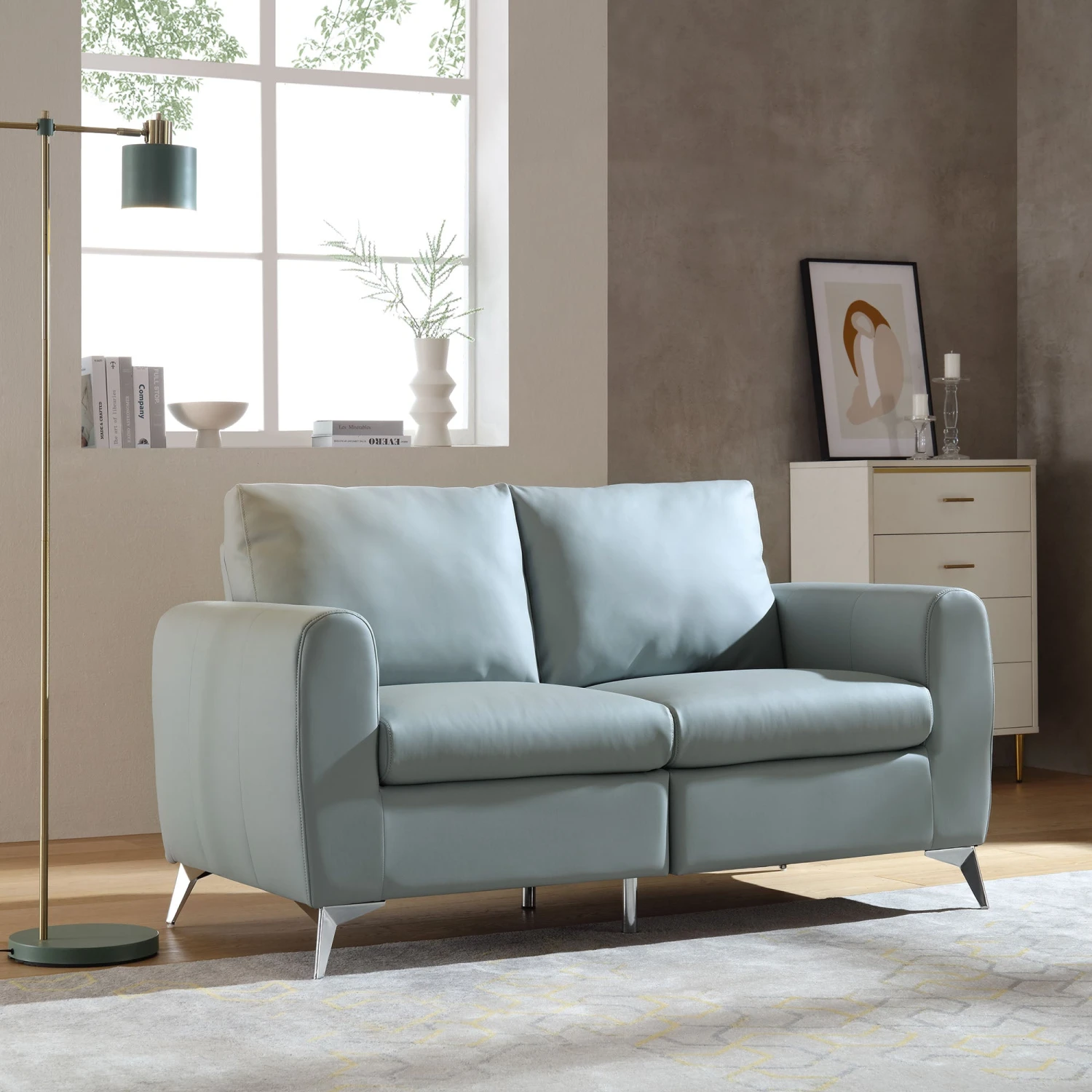 Noak 2-Seater Grey Faux Leather Sofa With Chrome Legs 4 Noak 2-Seater Grey Faux Leather Sofa With Chrome Legs - Image 2