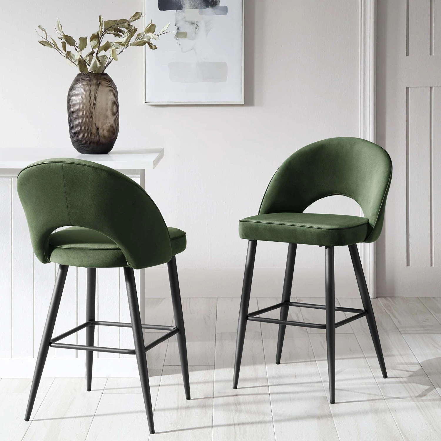 Oakley Set Of 2 Dark Green Velvet Upholstered Counter Stools With Contrast Piping 3 Oakley Set Of 2 Dark Green Velvet Upholstered Counter Stools With Contrast Piping