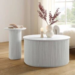 Maru Oak Round Coffee Table With Storage, Washed White -Entreprise Cc Shop BSD 140 WHITE scene3