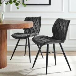Set Of 2 Ampney Velvet Diamond Stitch Dining Chairs With Metal Legs (Dark Grey Velvet)