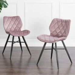 Set Of 2 Ampney Velvet Diamond Stitch Dining Chairs With Metal Legs (Dusty Pink Velvet)