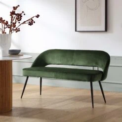Oakley Dark Green Velvet Upholstered 3 Seater Dining Bench With Contrast Piping