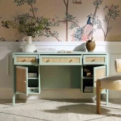 Frances Woven Rattan 3-Drawer Desk, Mint -Entreprise Cc Shop FT DESK 02 SAGE scene2