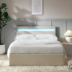 Pimlico End Opening Ottoman Storage Bed Frame With Muti-colour LED Headboard (Beige Fabric) -Entreprise Cc Shop JAH 05 BEIGEFAB scene1