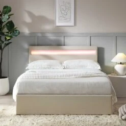 Pimlico End Opening Ottoman Storage Bed Frame With Muti-colour LED Headboard (Beige Fabric) -Entreprise Cc Shop JAH 05 BEIGEFAB scene2