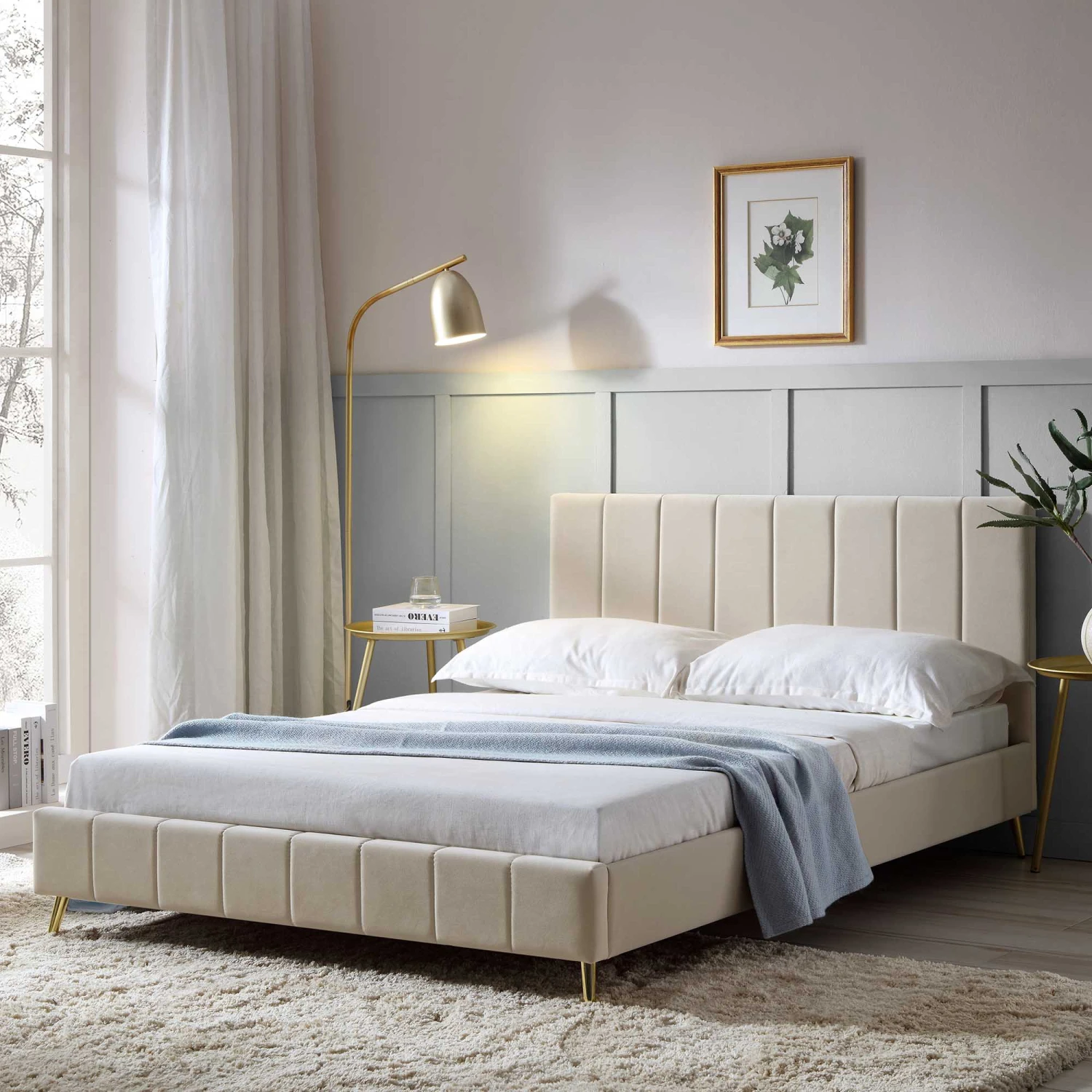 Sylvie Velvet Upholstered Bed Frame With Golden Chrome Legs, Champagne Velvet 3 Sylvie Velvet Upholstered Bed Frame With Golden Chrome Legs, Champagne Velvet