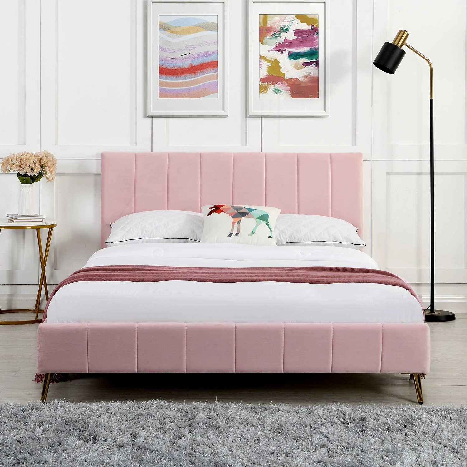 Sylvie Velvet Upholstered Bed Frame With Golden Chrome Legs, Pink Velvet 4 Sylvie Velvet Upholstered Bed Frame With Golden Chrome Legs, Pink Velvet - Image 2
