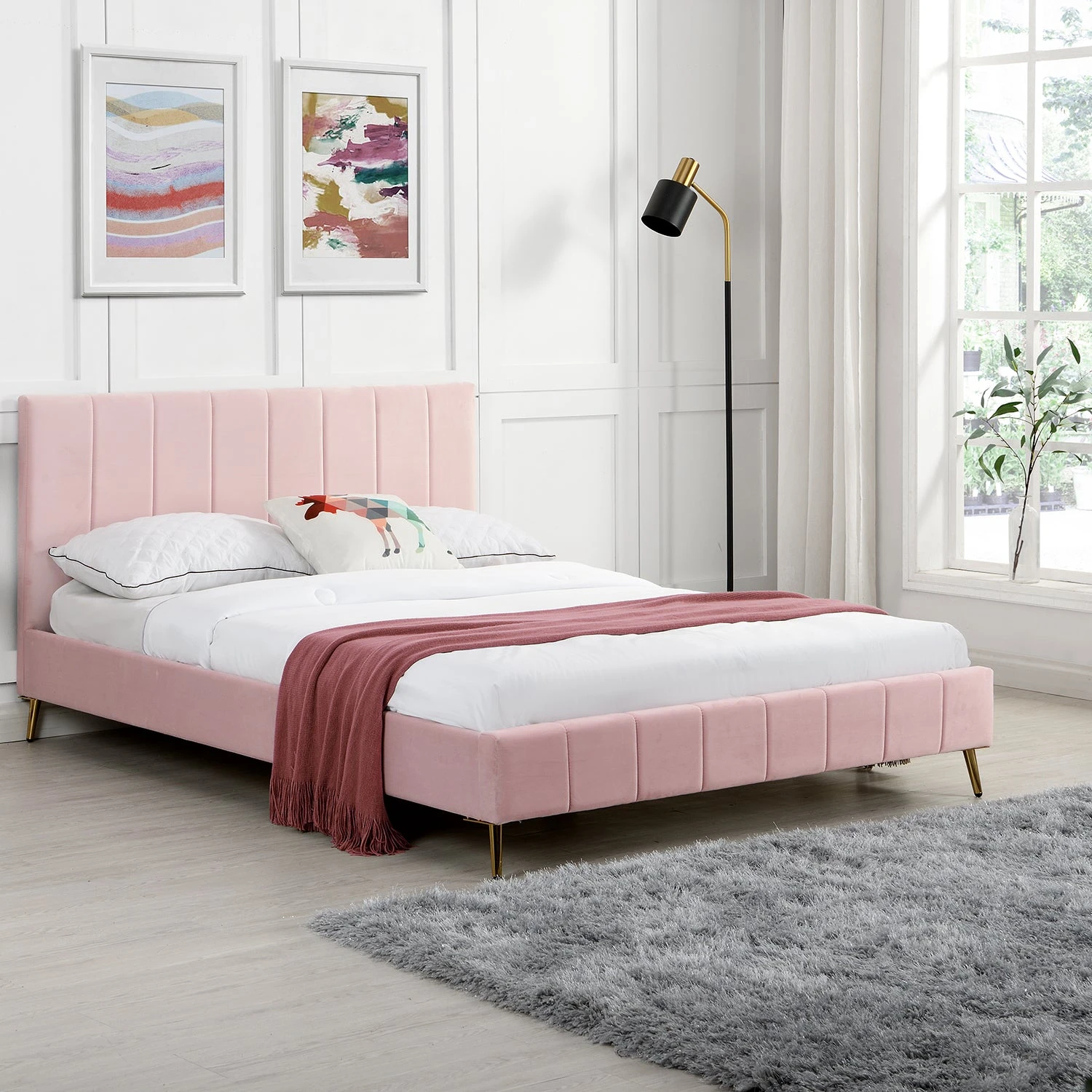Sylvie Velvet Upholstered Bed Frame With Golden Chrome Legs, Pink Velvet 3 Sylvie Velvet Upholstered Bed Frame With Golden Chrome Legs, Pink Velvet
