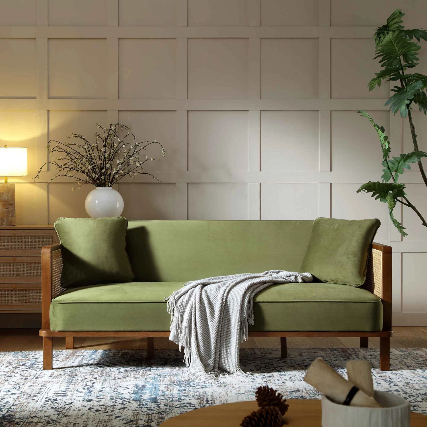 Pienza Cane Sofa Bed, Moss Green Velvet With Walnut Frame 4 Pienza Cane Sofa Bed, Moss Green Velvet With Walnut Frame - Image 2