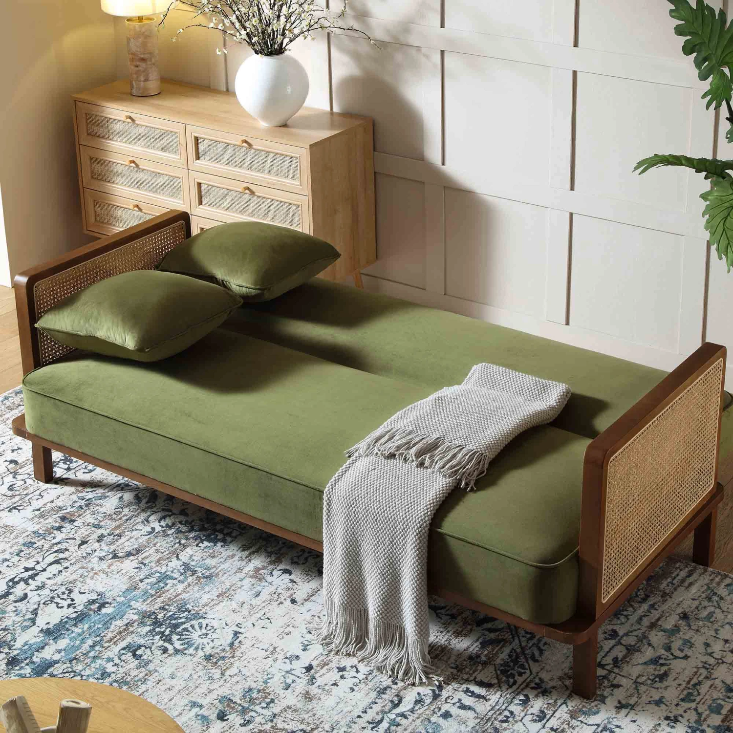 Pienza Cane Sofa Bed, Moss Green Velvet With Walnut Frame 5 Pienza Cane Sofa Bed, Moss Green Velvet With Walnut Frame - Image 3