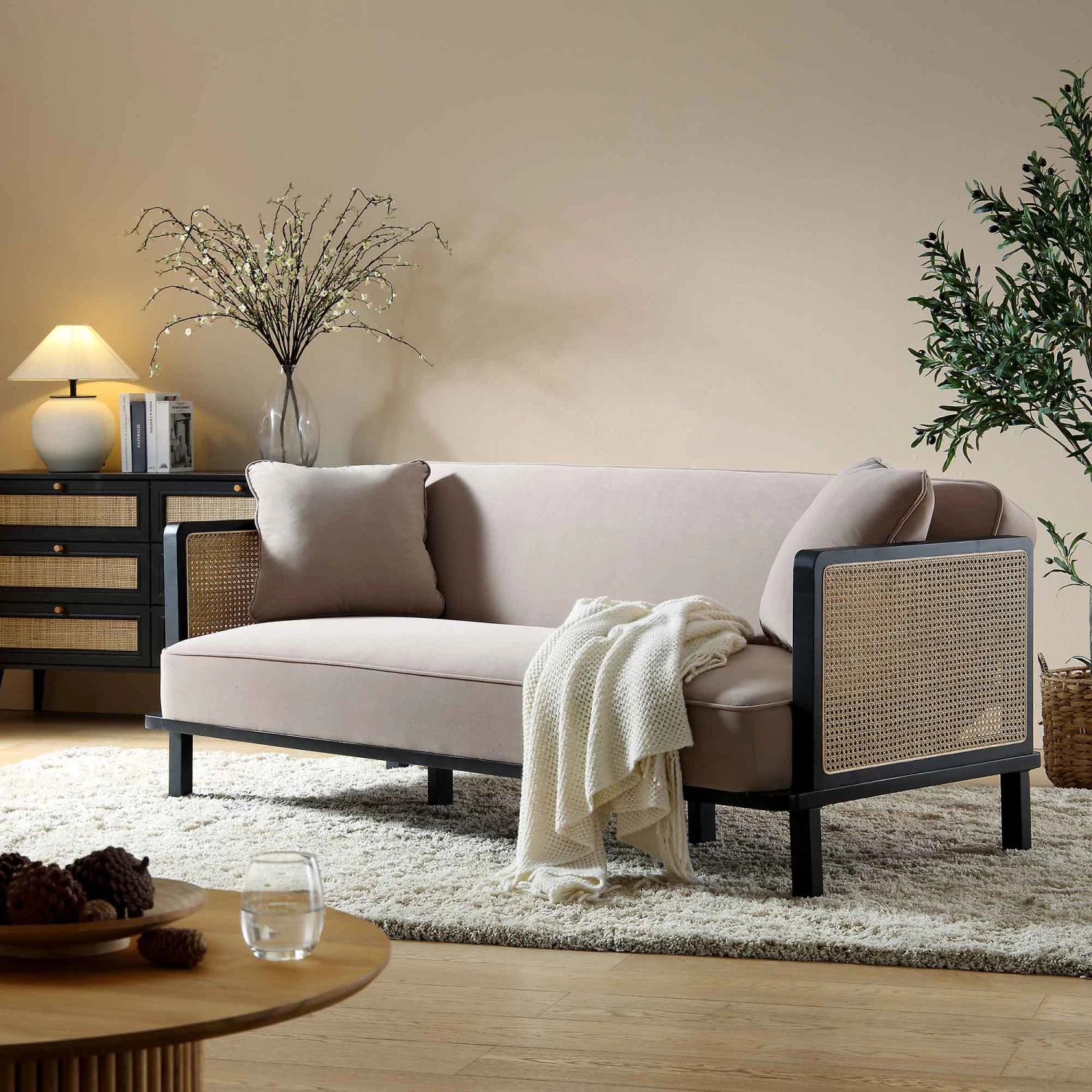 Pienza Cane Sofa Bed, Taupe Velvet With Black Frame 2 Pienza Cane Sofa Bed, Taupe Velvet With Black Frame