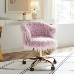 Kylie Plush Shaggy Faux Fur Swivel Chair, Pink