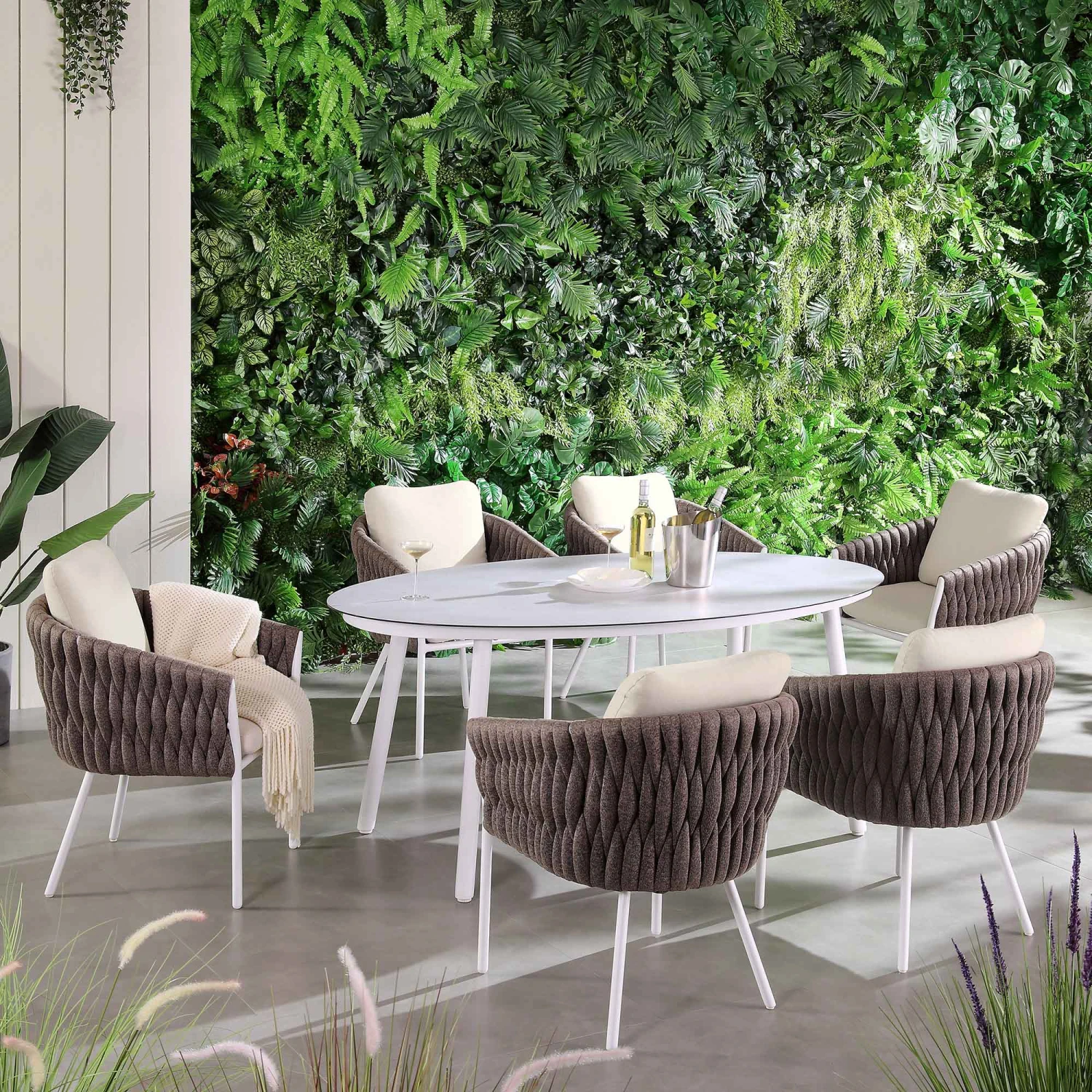 Montebello 6-Seater Outdoor Taupe Rope And Aluminium Oval Dining Set With White Ceramic Dining Table 4 Montebello 6-Seater Outdoor Taupe Rope And Aluminium Oval Dining Set With White Ceramic Dining Table - Image 2