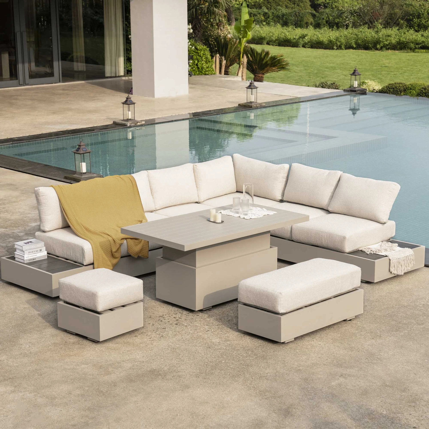 Jardin Aluminium Large Corner Casual Dining Set With Rising Table, Pumice 3 Jardin Aluminium Large Corner Casual Dining Set With Rising Table, Pumice