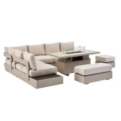 Jardin Aluminium Large Corner Casual Dining Set With Rising Firepit Table, Pumice -Entreprise Cc Shop OD DINE 906 PUMICE SET WB3