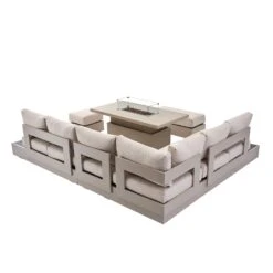 Jardin Aluminium Large Corner Casual Dining Set With Rising Firepit Table, Pumice -Entreprise Cc Shop OD DINE 906 PUMICE SET WB4