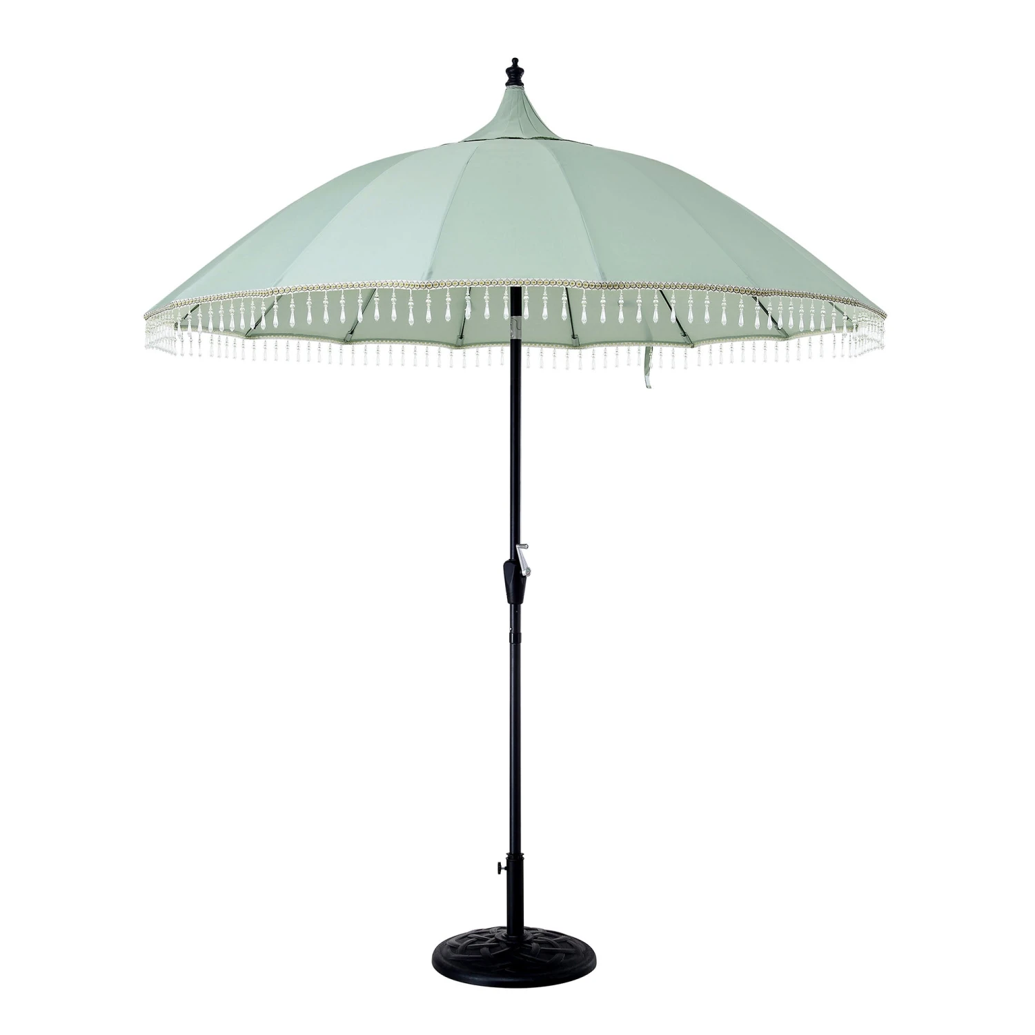 Hacienda 2.4M Sage Green Beaded Carousel Garden Parasol With Fringe Tassels And Aluminium Tilt 3 Hacienda 2.4M Sage Green Beaded Carousel Garden Parasol With Fringe Tassels And Aluminium Tilt