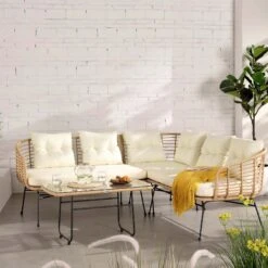 St Loy Natural Rattan Corner Sofa Set With Table