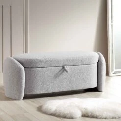 Loha Grey Teddy Boucle 129cm Large Storage Ottoman Bench