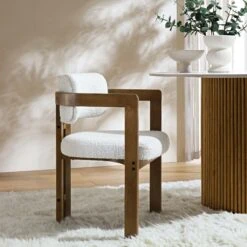 Stanford Curved Oak Frame Upholstered Chair, White Boucle Light Walnut Frame -Entreprise Cc Shop XNDCH 727 WHITE BOUCLE scene1