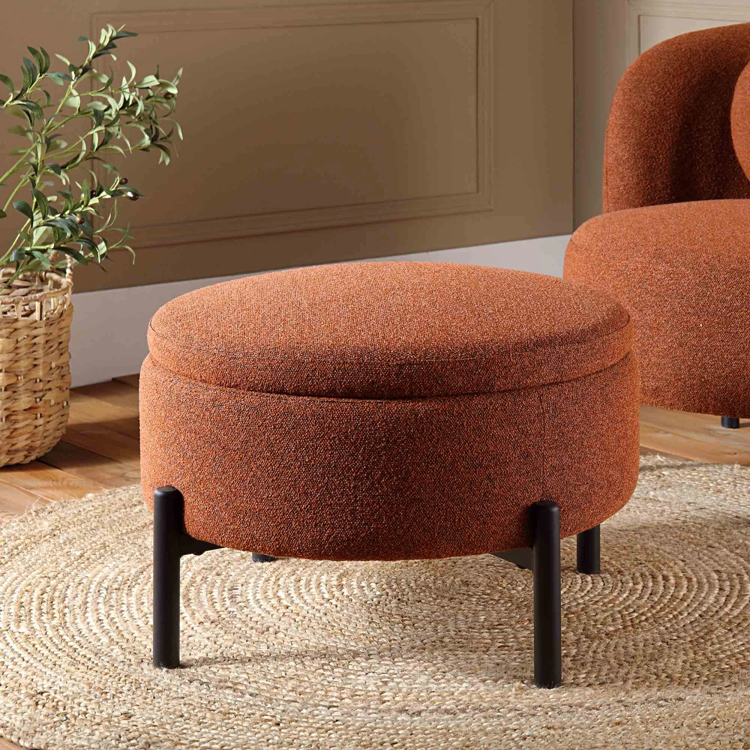 Amboise Round Storage Pouffe, Brick Boucle 2 Amboise Round Storage Pouffe, Brick Boucle