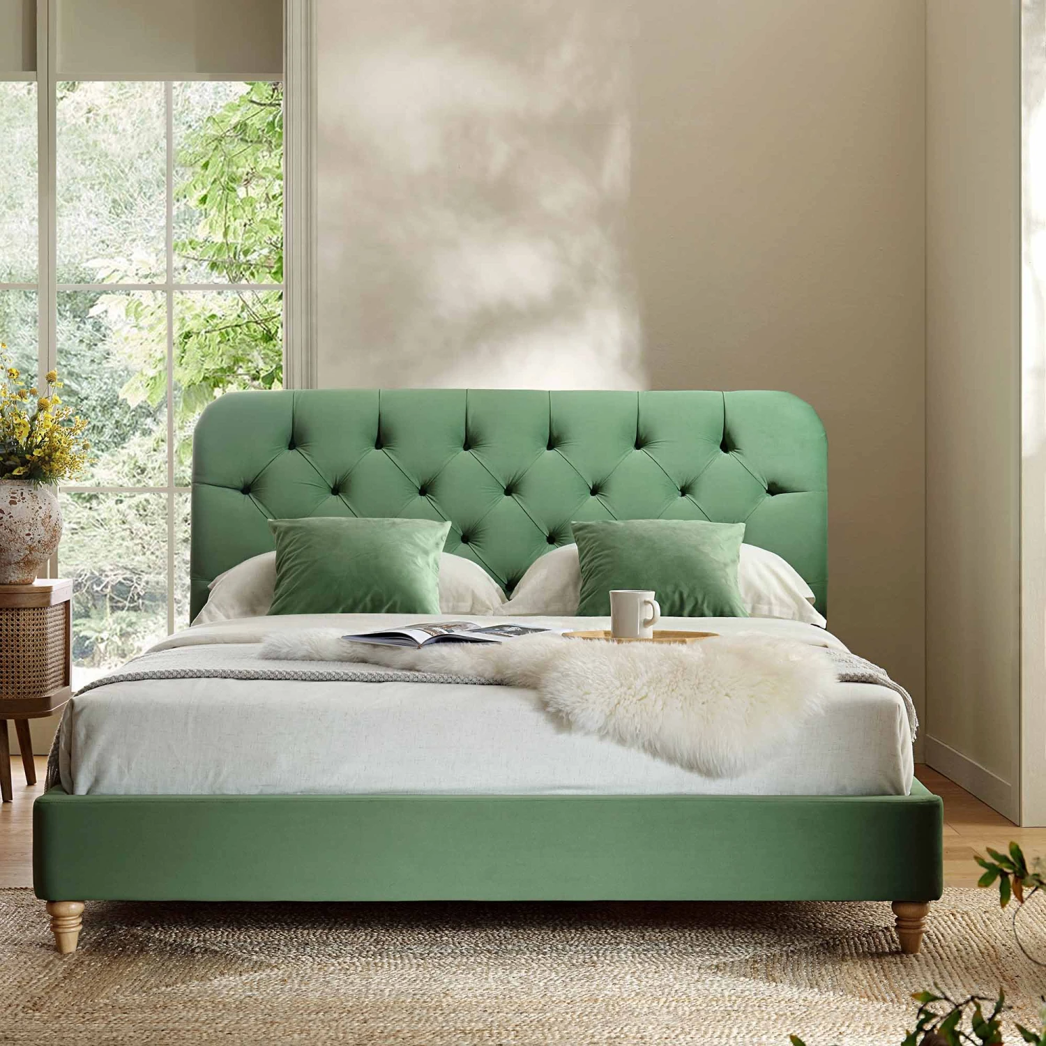 Leamington Deep-Buttoned Upholstered Bed, Meadow Green Velvet 4 Leamington Deep-Buttoned Upholstered Bed, Meadow Green Velvet - Image 2