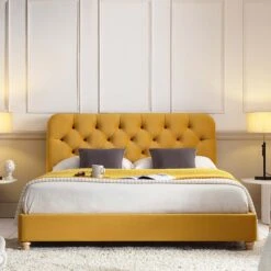 Leamington Deep-Buttoned Upholstered Bed, Turmeric Yellow Velvet -Entreprise Cc Shop ZX 1063 MUST VEL scene1