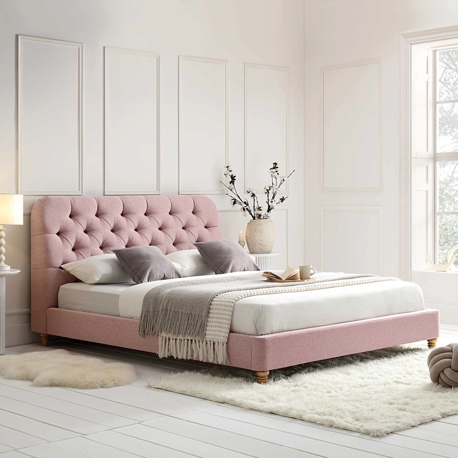 Leamington Deep-Buttoned Upholstered Bed, Rosewater Pink Fabric 4 Leamington Deep-Buttoned Upholstered Bed, Rosewater Pink Fabric - Image 2