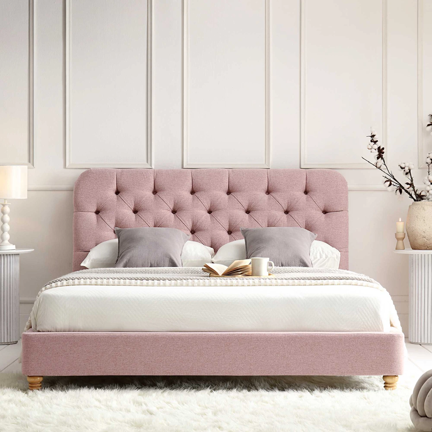 Leamington Deep-Buttoned Upholstered Bed, Rosewater Pink Fabric 5 Leamington Deep-Buttoned Upholstered Bed, Rosewater Pink Fabric - Image 3