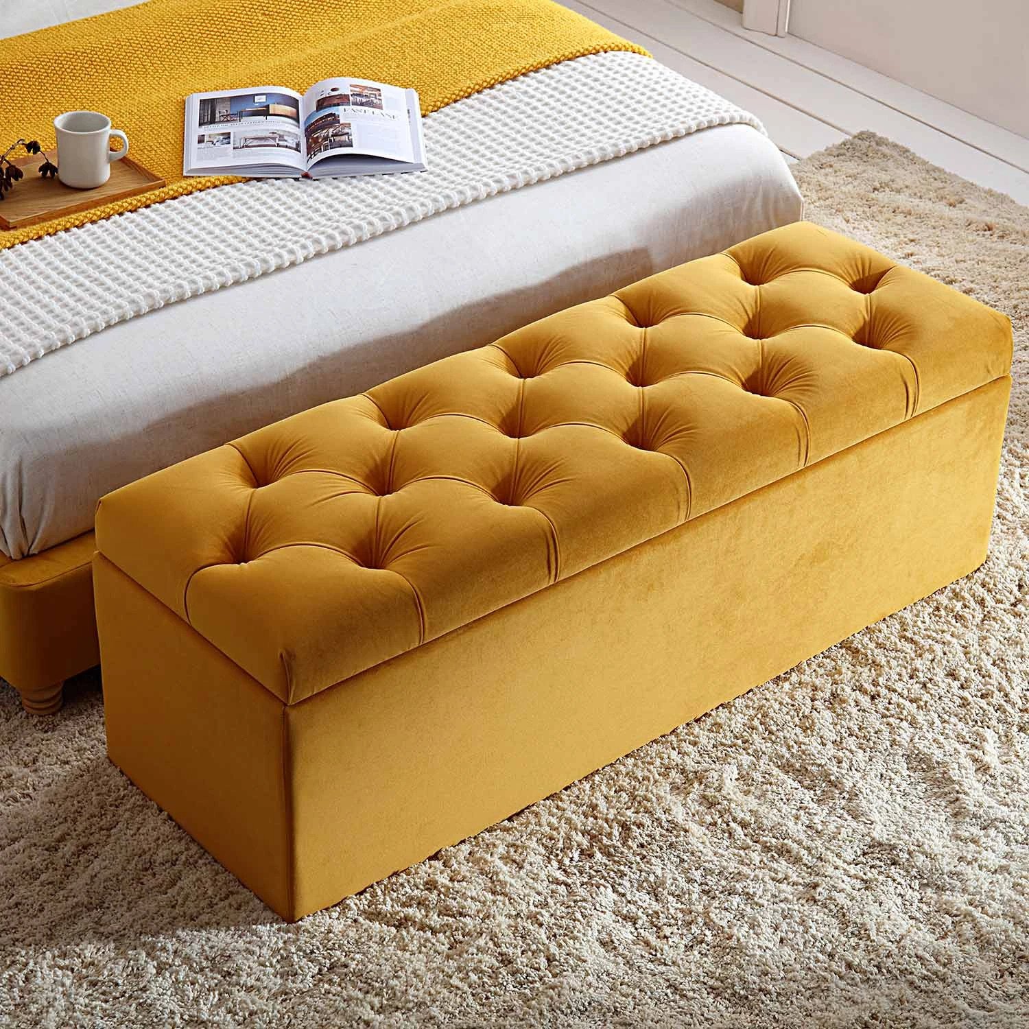 Leamington Deep-Buttoned Ottoman Storage Bench, Turmeric Yellow Velvet 4 Leamington Deep-Buttoned Ottoman Storage Bench, Turmeric Yellow Velvet - Image 2