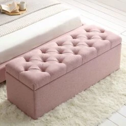 Leamington Deep-Buttoned Ottoman Storage Bench, Rosewater Pink Fabric -Entreprise Cc Shop ZX 2183 PALEPINK FAB scene1