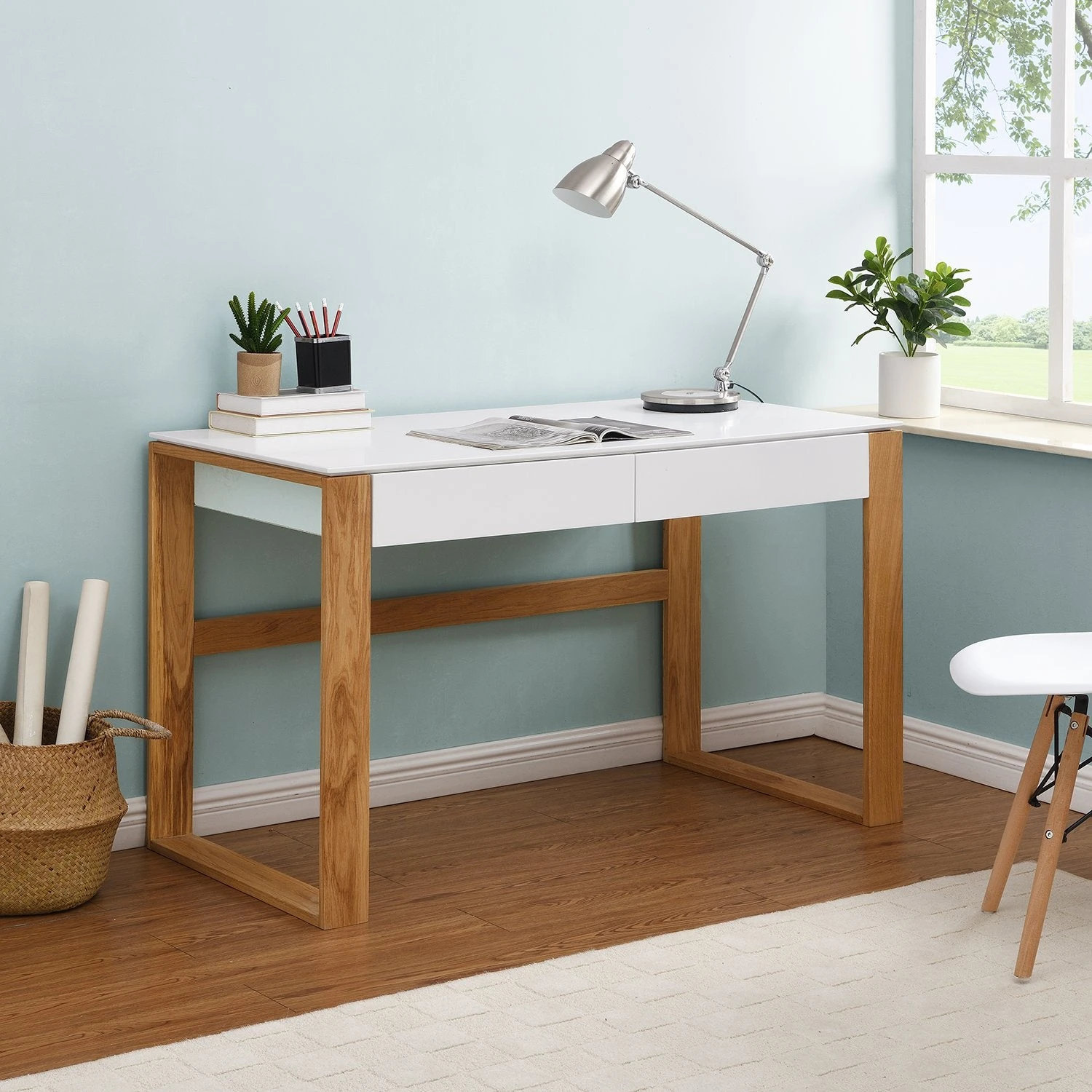 Heather Solid Oak And Matt White Large 2 Drawer Desk 3 Heather Solid Oak And Matt White Large 2 Drawer Desk