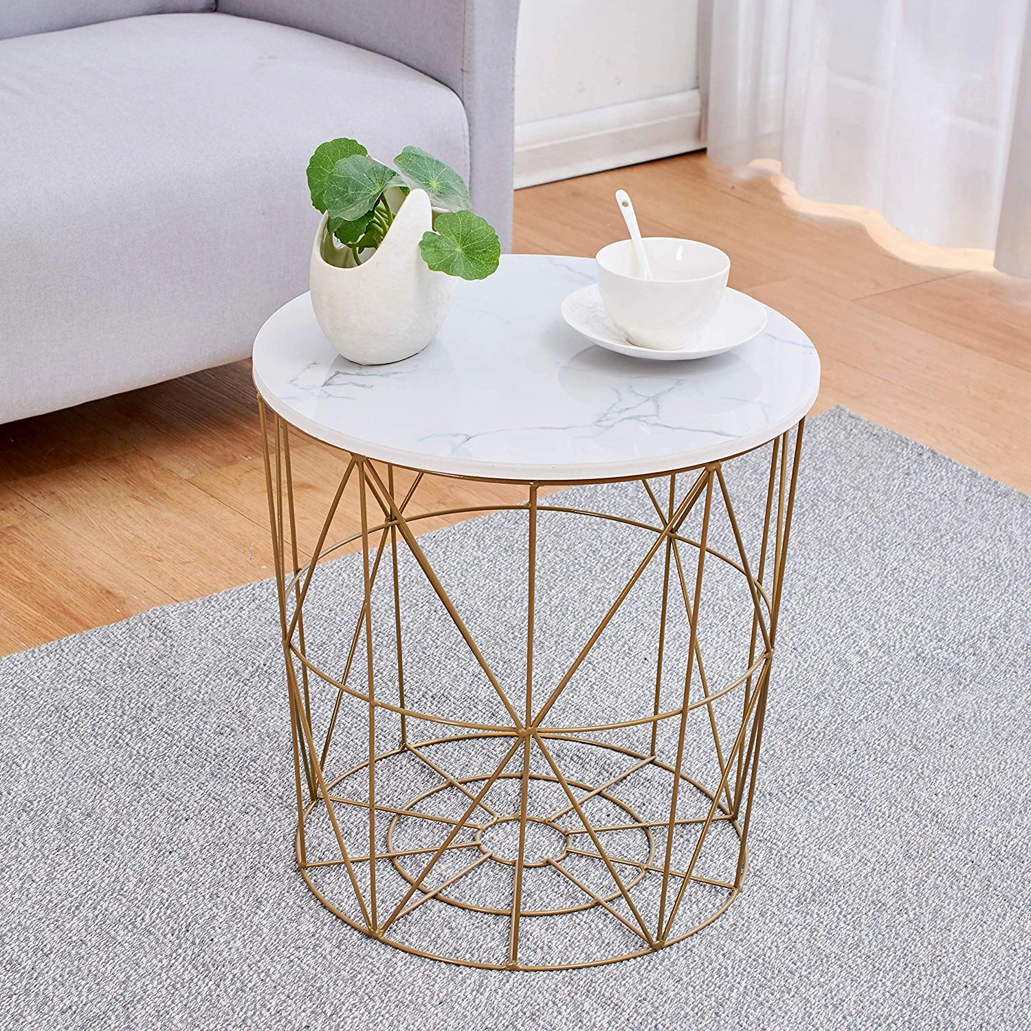 Cherry Tree Furniture KORAM Marble Effect Top Basket Side Table Golden Geometric Wire Frame End Table 5 Cherry Tree Furniture KORAM Marble Effect Top Basket Side Table Golden Geometric Wire Frame End Table - Image 3